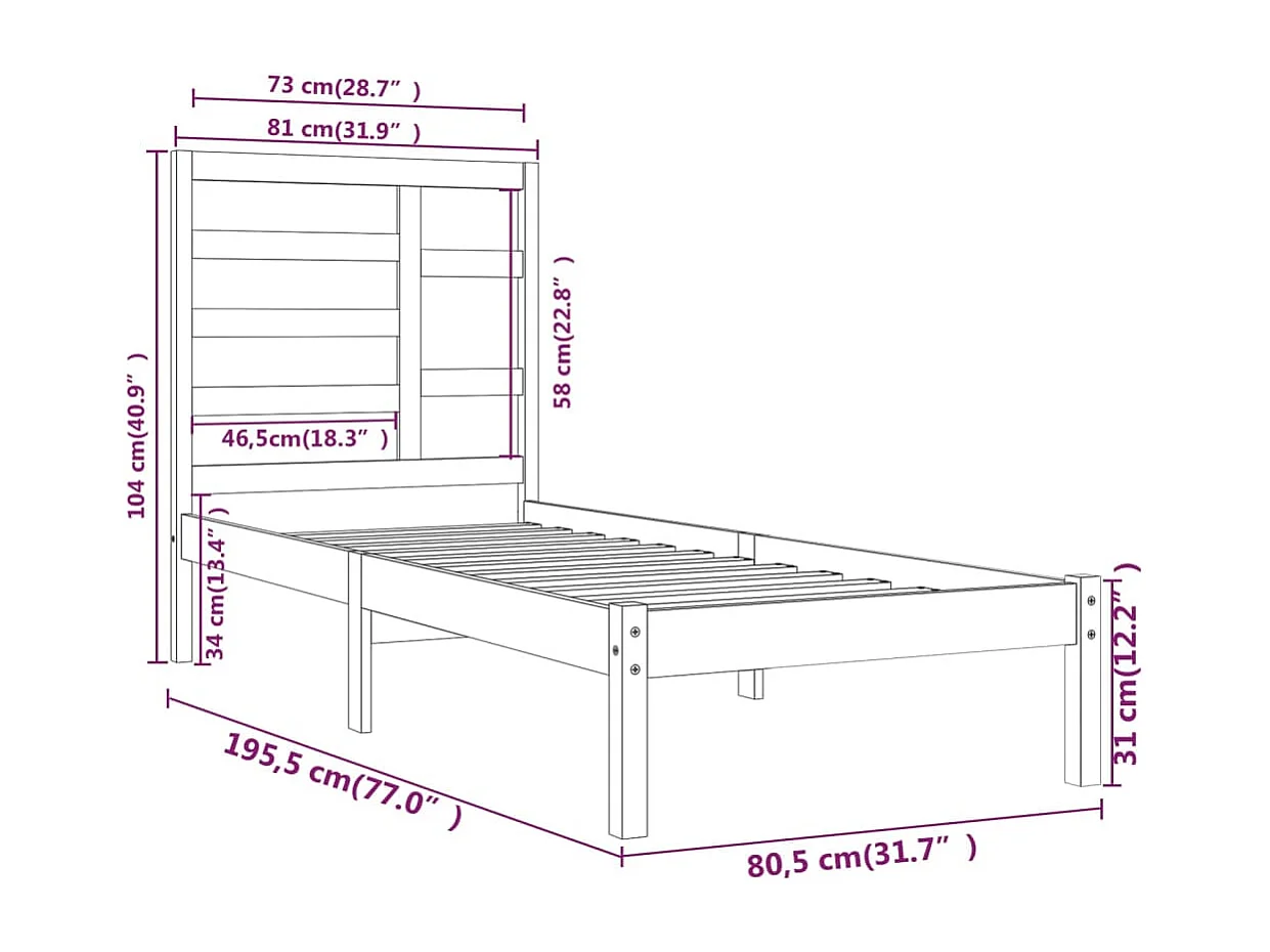 Lit simple | Lit adulte, enfant | Cadre de lit noir bois massif 75x190 cm