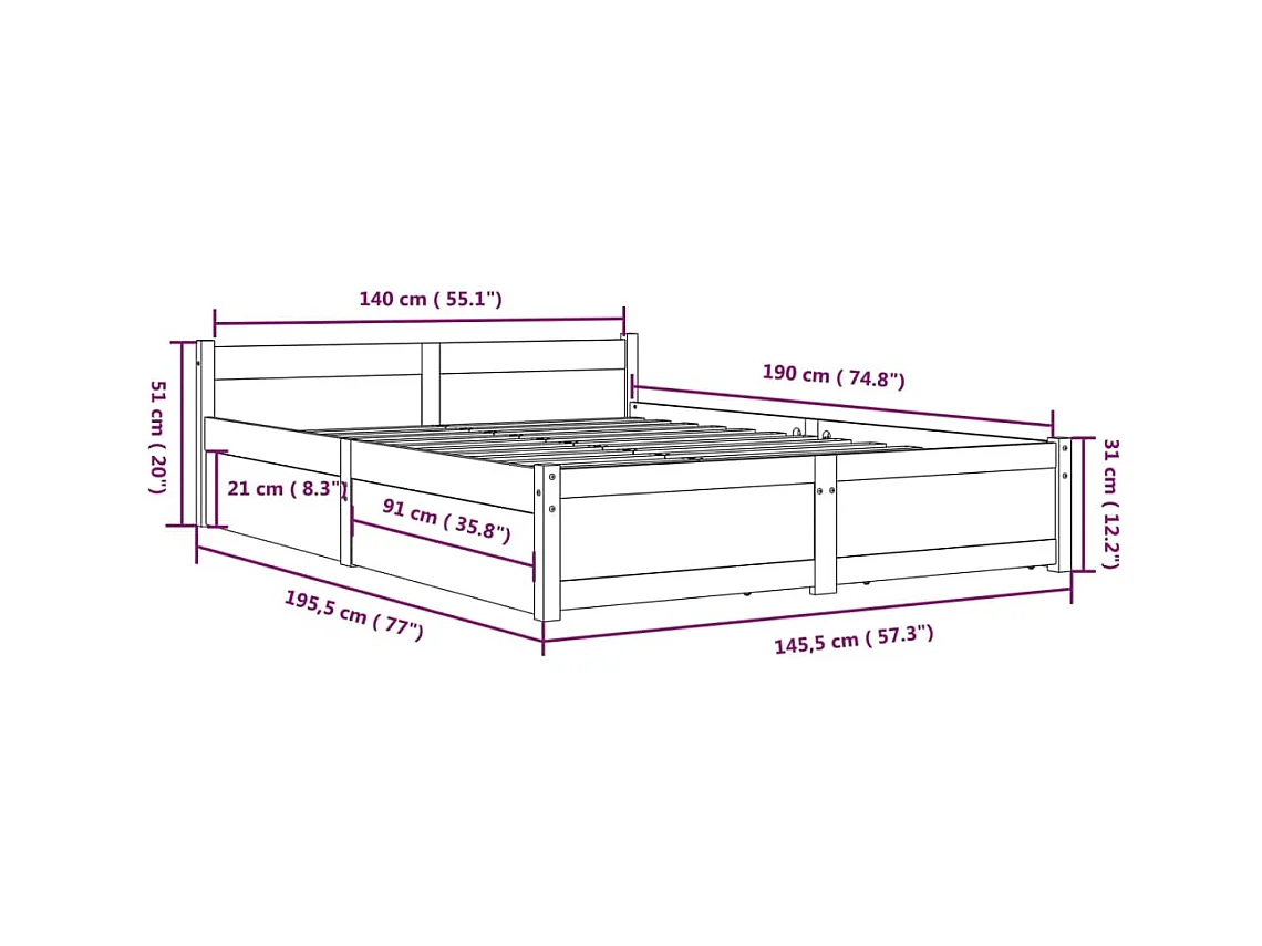 Lit double | Lit adulte | Cadre de lit avec tiroirs blanc 140x190 cm