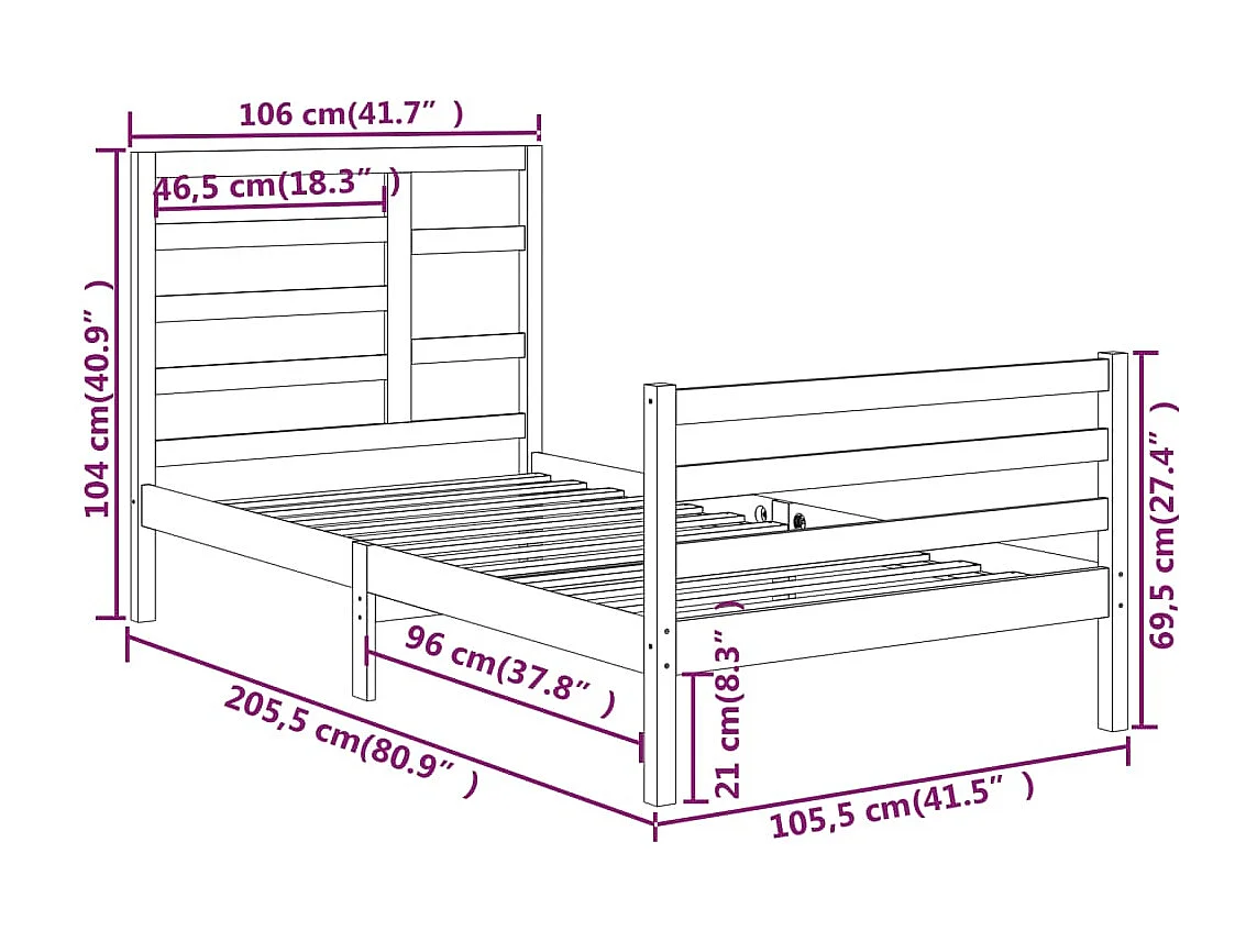 Lit simple | Lit adulte, enfant | Cadre de lit blanc bois massif 100x200 cm