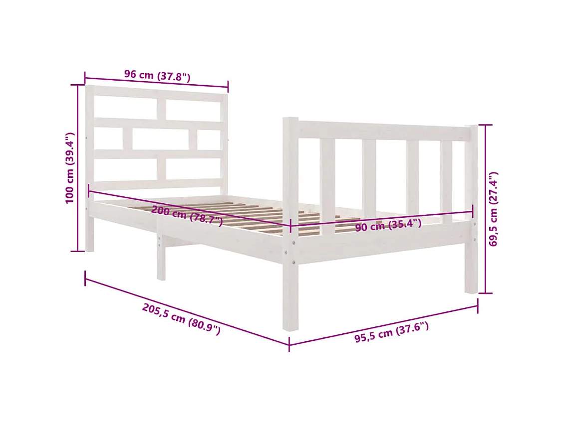 Lit simple | Lit adulte, enfant | Cadre de lit blanc bois massif 90x200 cm