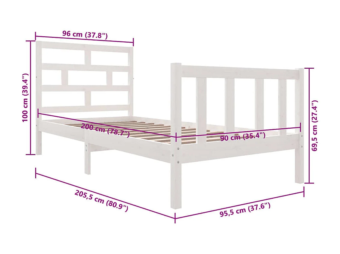 Lit simple | Lit adulte, enfant | Cadre de lit blanc bois massif 90x200 cm