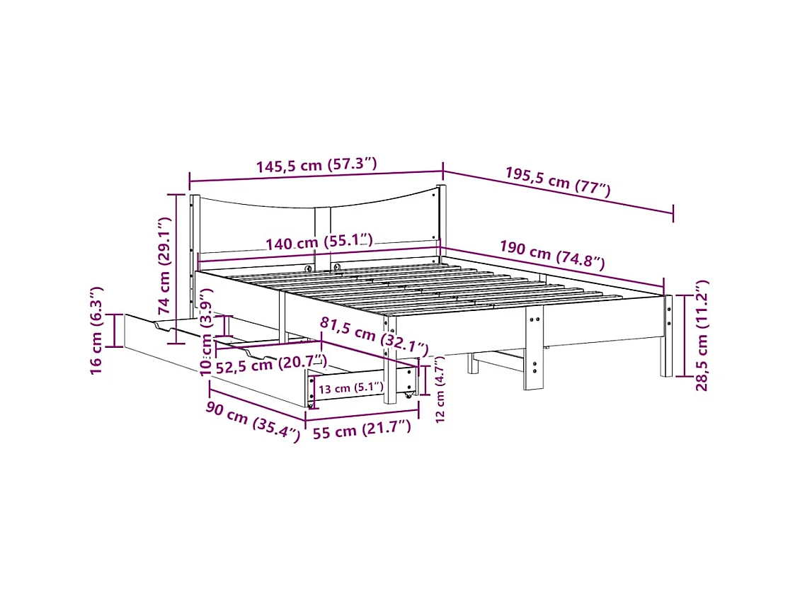 Lit double | Lit adulte | Cadre de lit avec tiroirs blanc 140x190 cm bois de pin massif