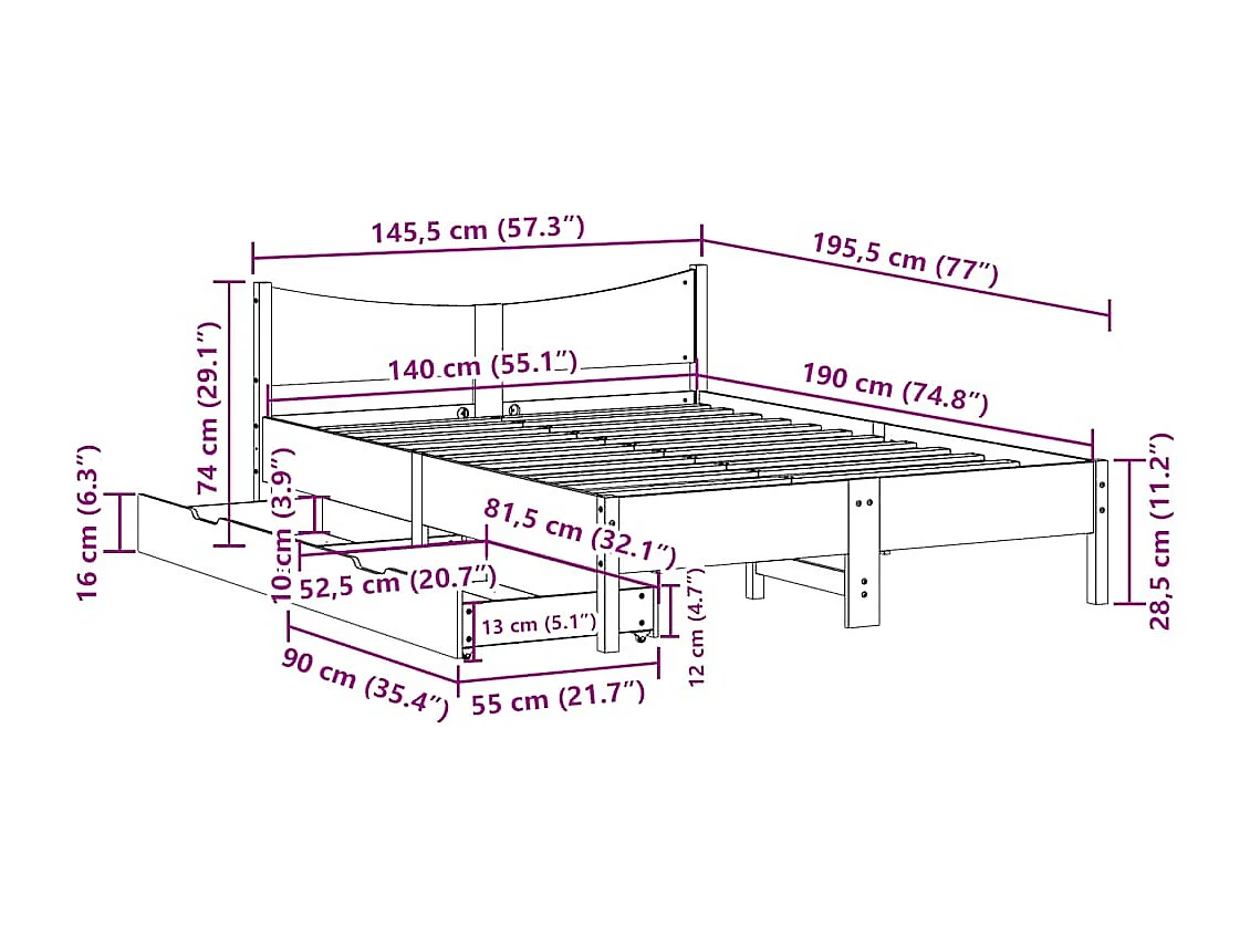 Lit double | Lit adulte | Cadre de lit avec tiroirs blanc 140x190 cm bois de pin massif