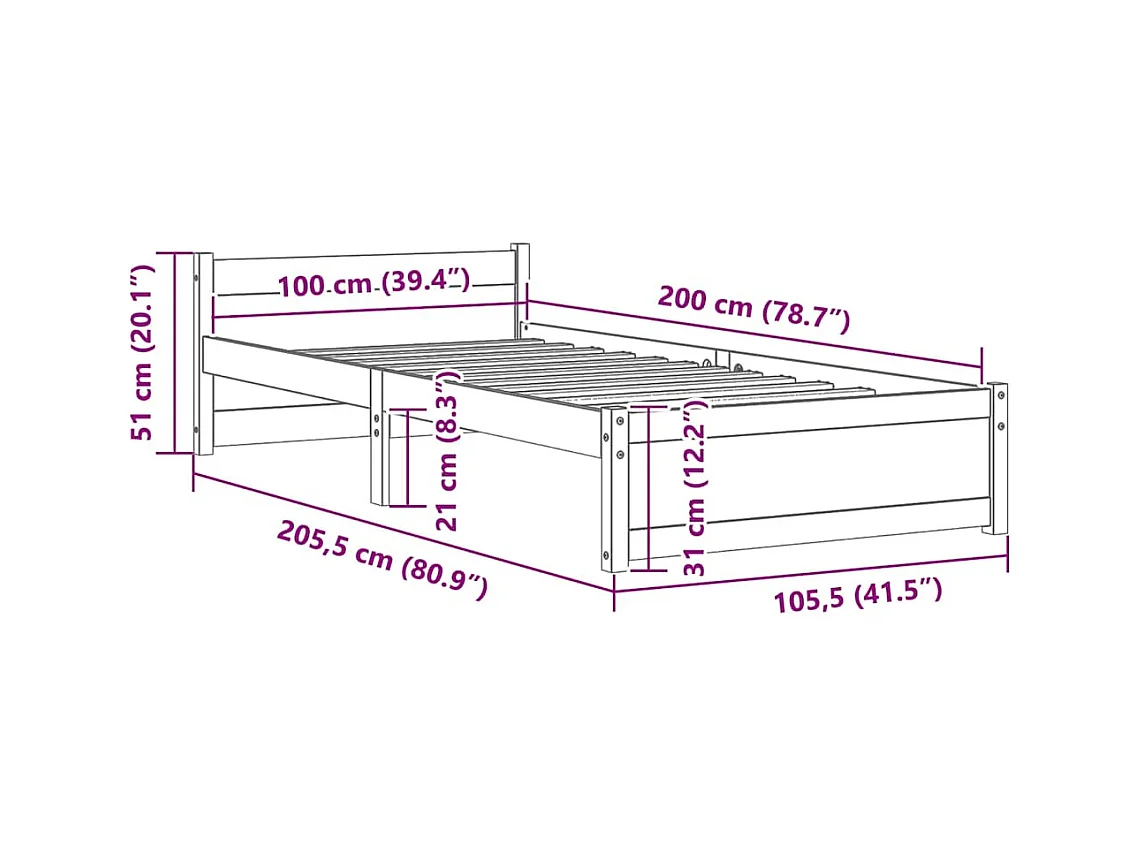 Lit simple | Lit adulte, enfant | Cadre de lit bois massif 100x200 cm