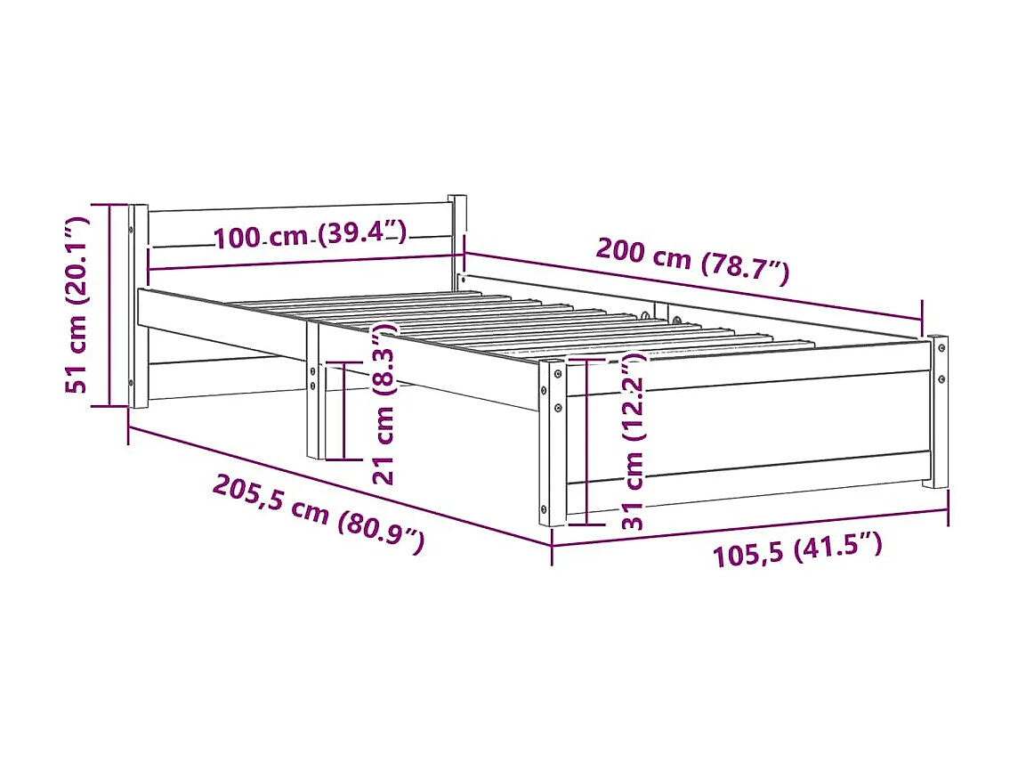 Lit simple | Lit adulte, enfant | Cadre de lit bois massif 100x200 cm