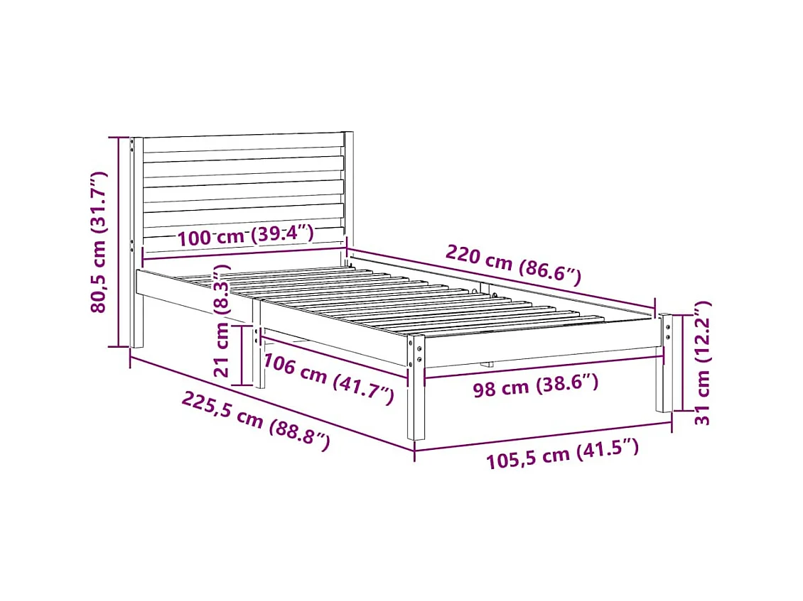 Lit simple | Lit adulte, enfant | Cadre de lit Blanc 100x220 cm Bois massif en pin