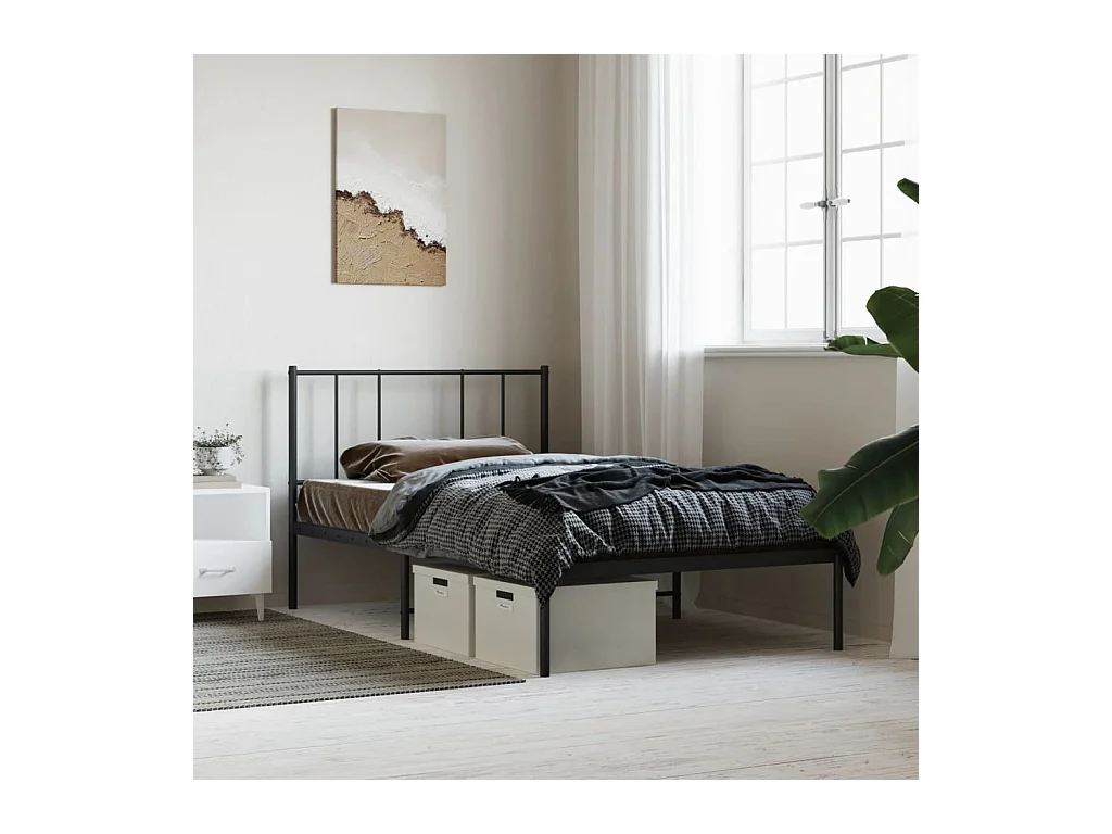 Lit simple | Lit adulte, enfant | Cadre de lit métal avec tête de lit noir 90x200 cm