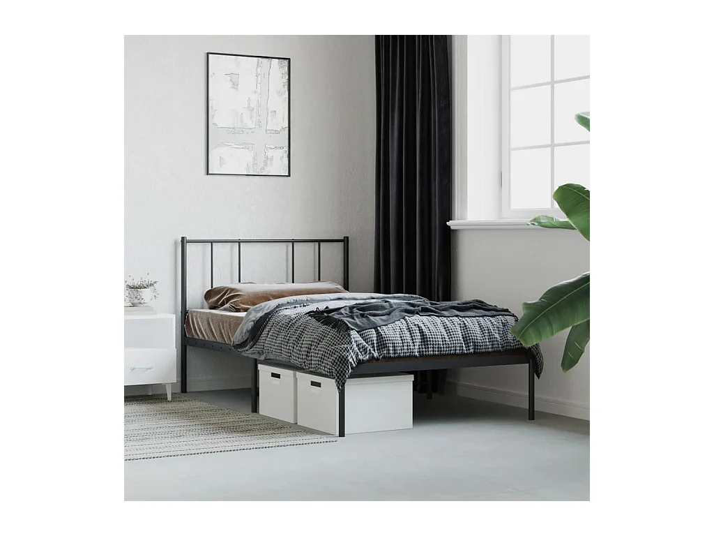 Lit simple | Lit adulte, enfant | Cadre de lit métal avec tête de lit noir 90x200 cm