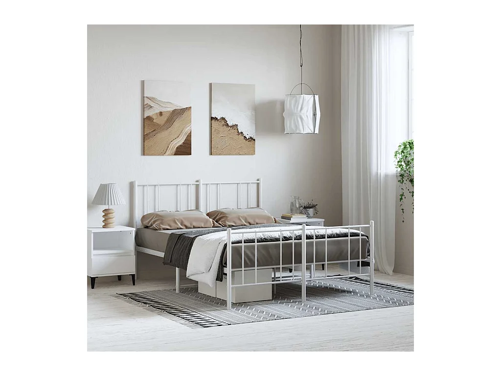 Lit double | Lit adulte | Cadre de lit métal et pied de lit blanc 135x190 cm