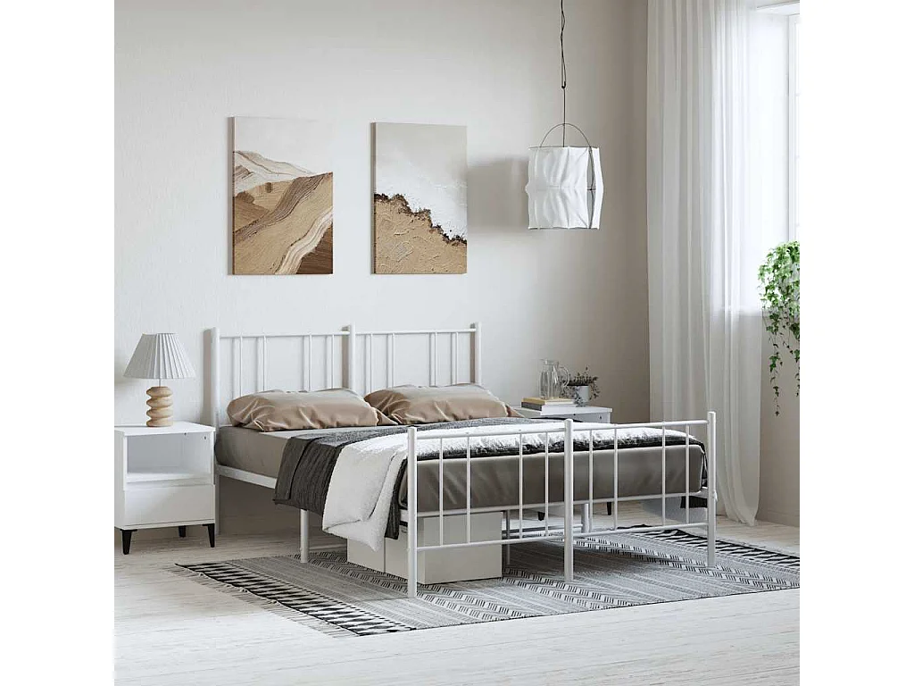 Lit double | Lit adulte | Cadre de lit métal et pied de lit blanc 135x190 cm