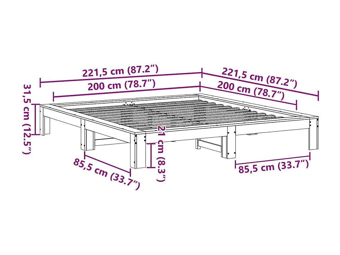Lit double | Lit adulte | Cadre de lit blanc 200x200 cm bois massif de pin