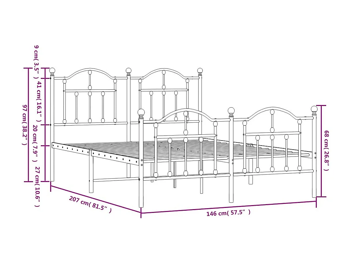 Lit double | Lit adulte | Cadre de lit métal et pied de lit blanc 140x200 cm