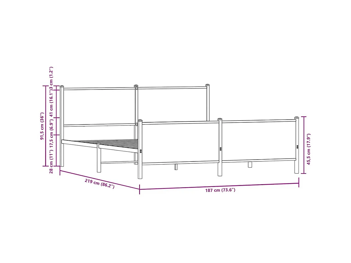 Letto per adulti | Letto matrimoniale | Giroletto senza Materaso in Metallo Rovere Sonoma 183x213 cm