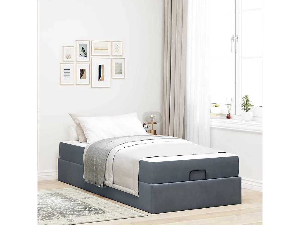 Lit simple | Lit adulte, enfant | Cadre de lit avec matelas Gris foncé 90x200 cm Velours