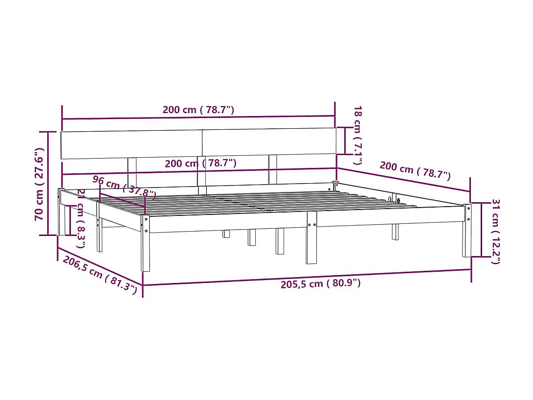 Lit double | Lit adulte | Cadre de lit bois massif 200x200 cm
