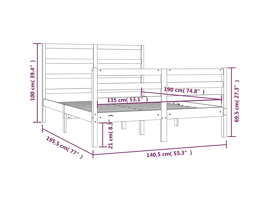 Lit double | Lit adulte | Cadre de lit bois massif de pin 135x190 cm