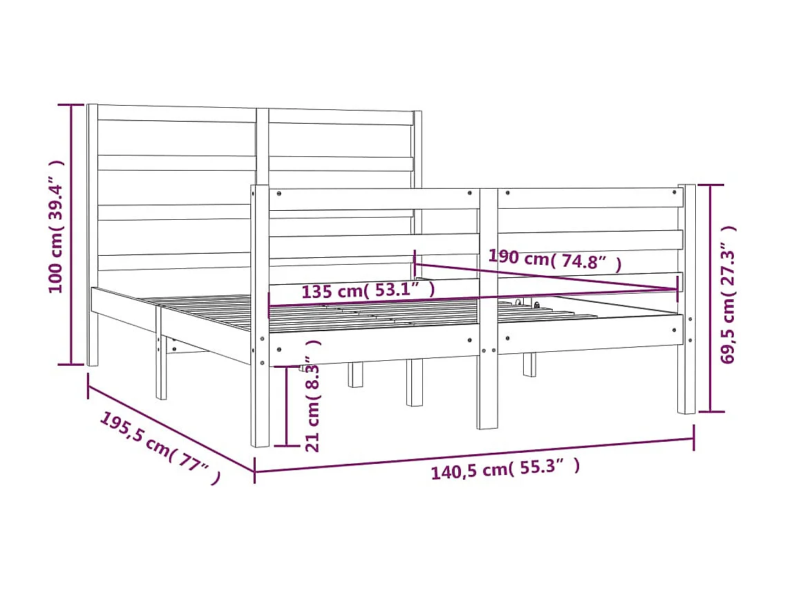 Lit double | Lit adulte | Cadre de lit bois massif de pin 135x190 cm