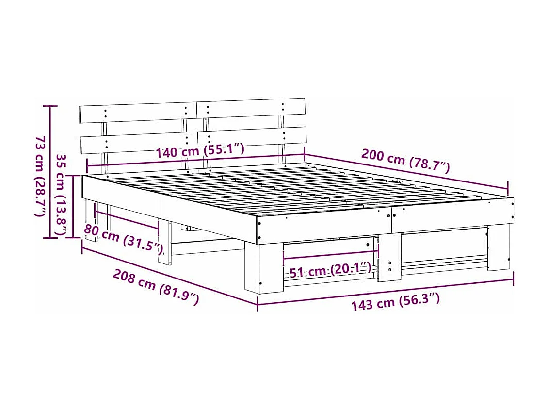 Lit double | Lit adulte | Cadre de lit Marron 140x200 cm Bois massif en pin