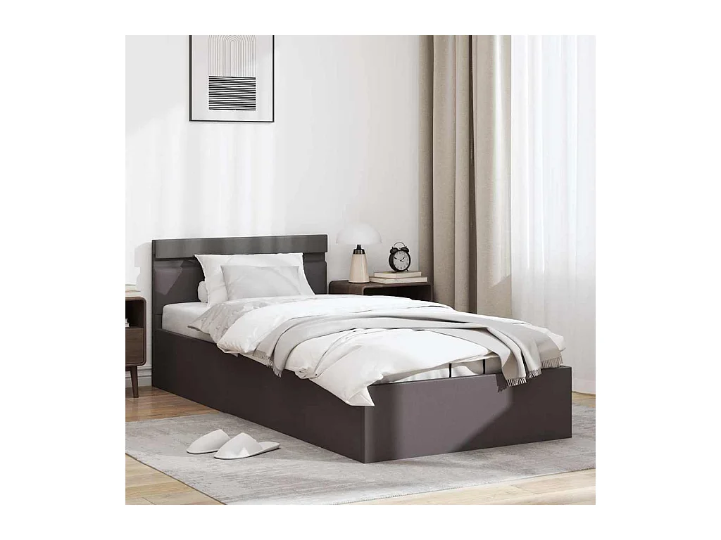 Lit simple | Lit adulte, enfant | Cadre de lit à rangement avec LED Gris Similicuir 90x200 cm