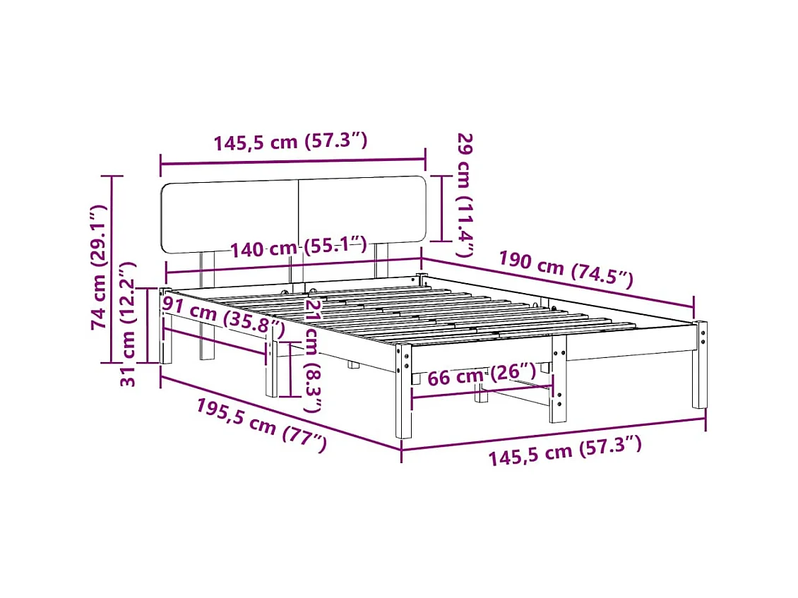 Lit double | Lit adulte | Cadre de lit Blanc 140x190 cm Bois massif en pin