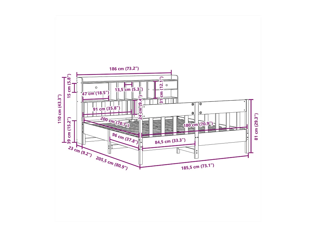 Lit double | Lit adulte | Cadre de lit 180x200 cm bois massif de pin