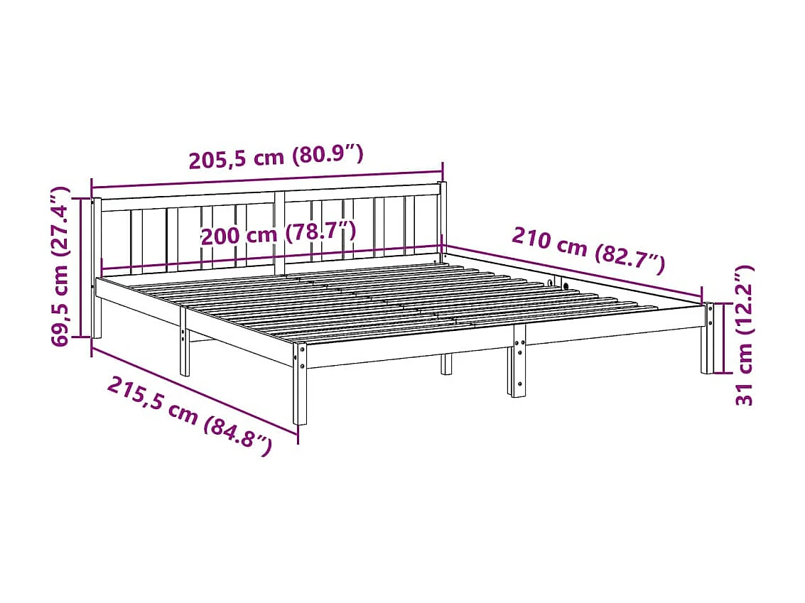 Lit double | Lit adulte | Cadre de lit extra long 200x210 cm bois massif pin