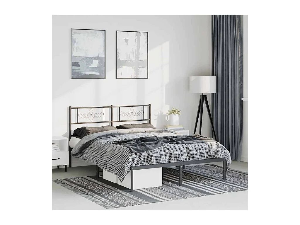 Lit double | Lit adulte | Cadre de lit métal avec tête de lit noir 135x190cm