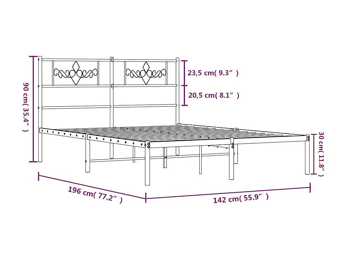 Lit double | Lit adulte | Cadre de lit métal avec tête de lit noir 135x190cm