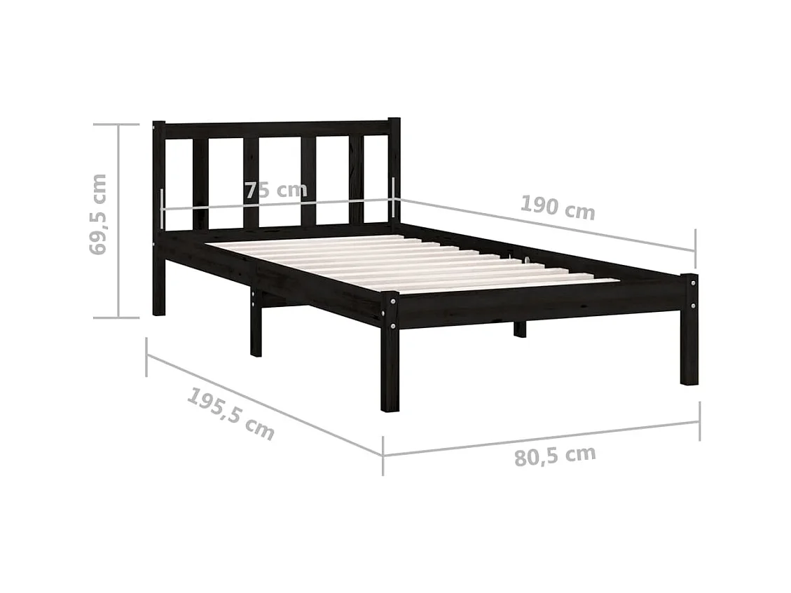 Lit simple | Lit adulte, enfant | Cadre de lit noir bois massif 75x190 cm