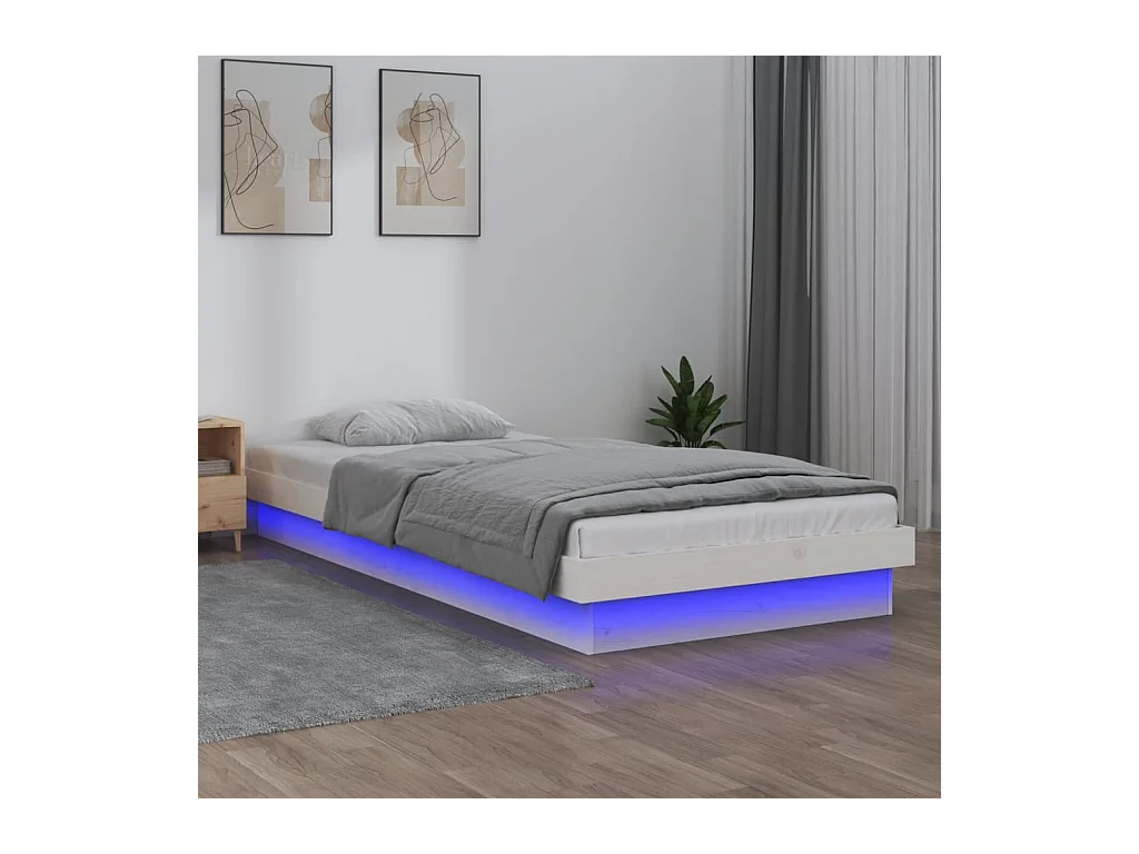 Lit simple | Lit adulte, enfant | Cadre de lit à LED blanc bois massif 90x190 cm