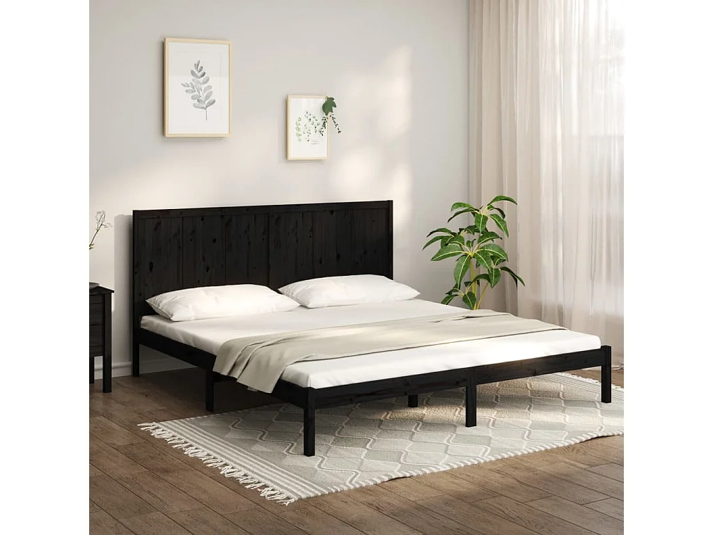 Lit double | Lit adulte | Cadre de lit noir 200x200 cm bois massif de pin