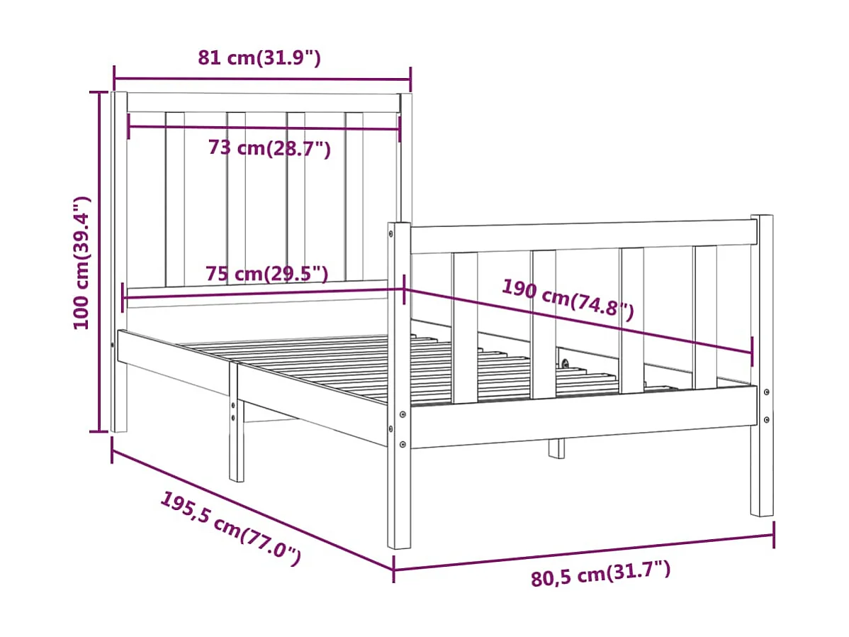 Lit simple | Lit adulte, enfant | Cadre de lit noir 75x190 cm bois massif