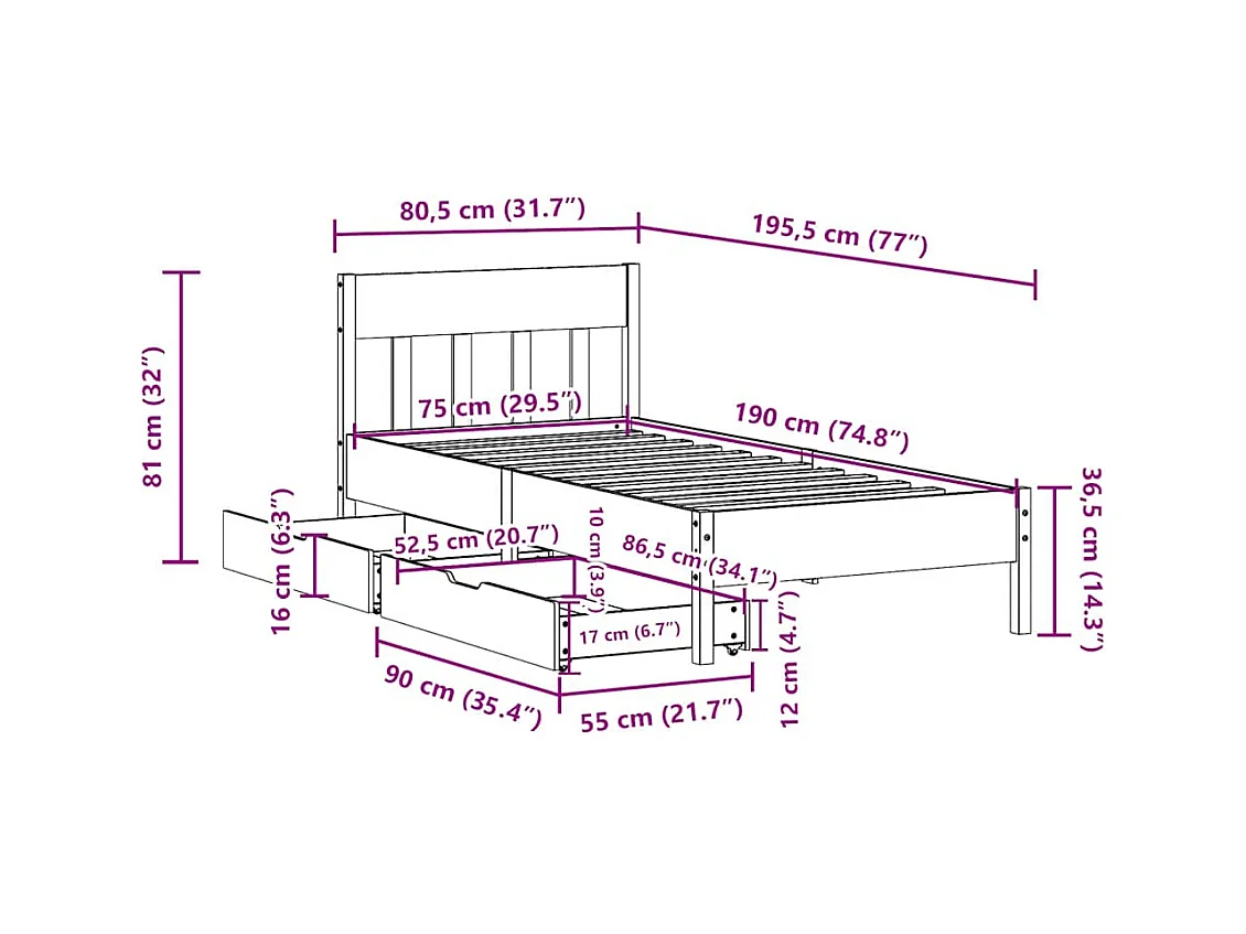 Lit simple | Lit adulte, enfant | Cadre de lit blanc 75x190 cm bois de pin massif