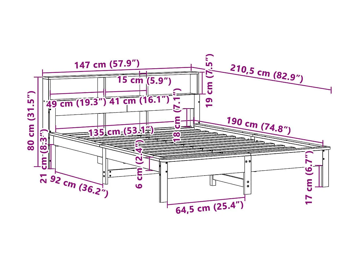 Lit double | Lit adulte | Cadre de lit cire marron 135x190cm bois pin massif