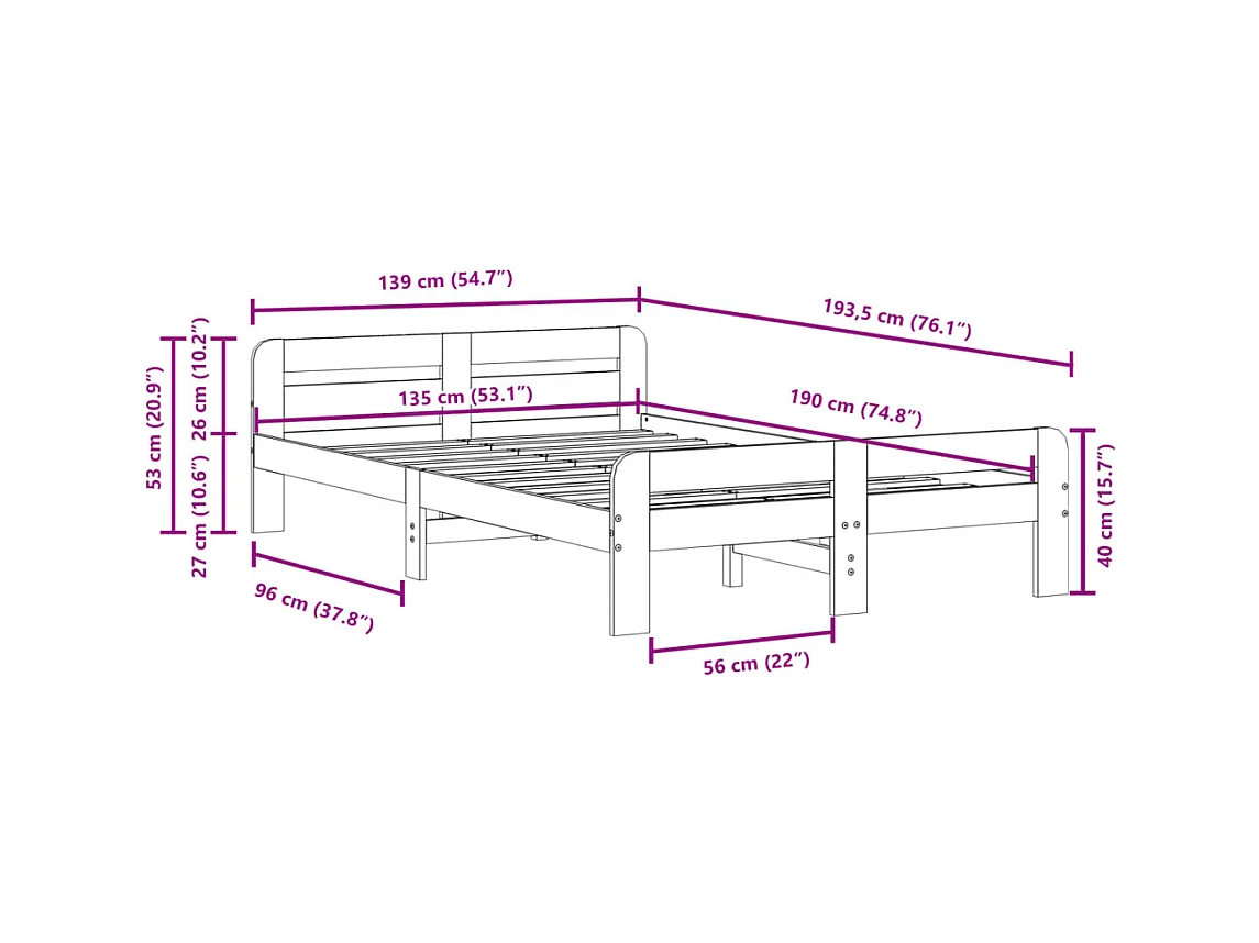Lit double | Lit adulte | Cadre de lit cire marron 135x190cm bois pin massif