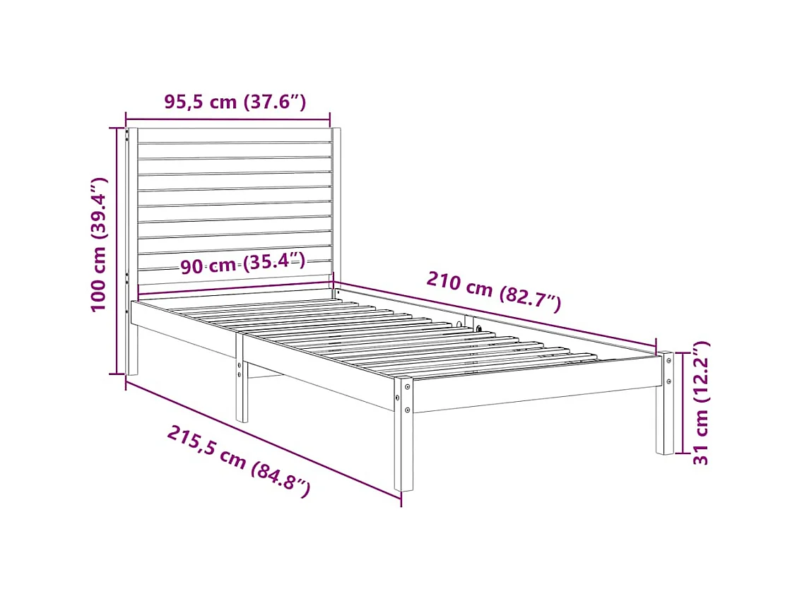 Letto per adulti | Letto singolo | Giroletto Extra Lungo senza Materasso Bianco 90x210 cm Massello
