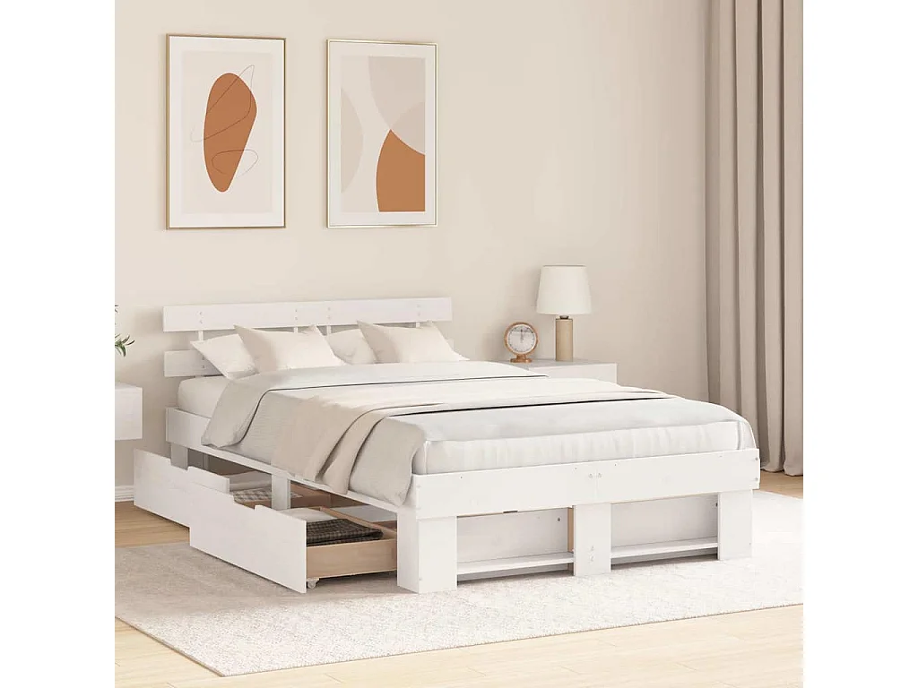 Lit double | Lit adulte | Cadre de lit avec tiroir Blanc 140x190 cm Bois massif en pin