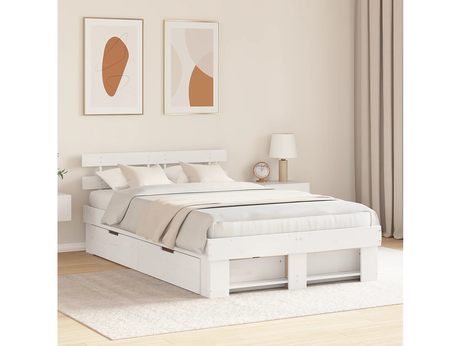 Lit double | Lit adulte | Cadre de lit avec tiroir Blanc 140x190 cm Bois massif en pin