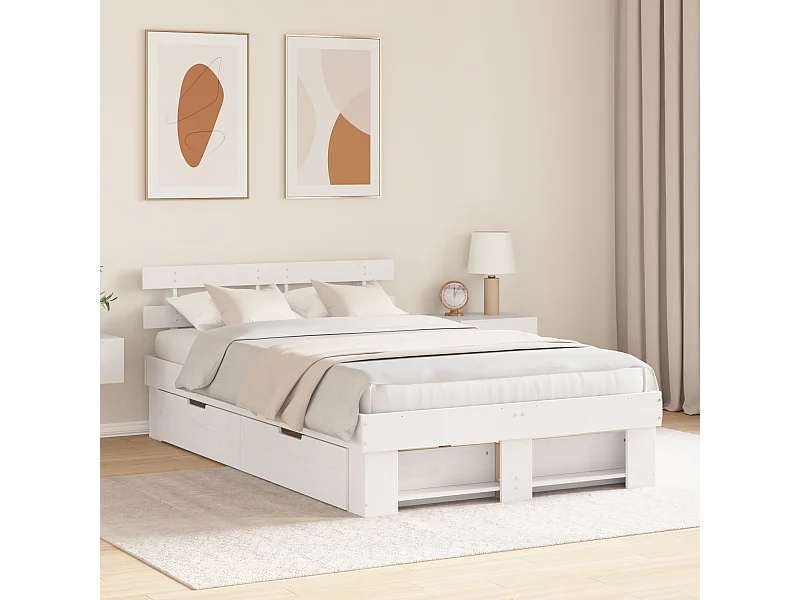 Lit double | Lit adulte | Cadre de lit avec tiroir Blanc 140x190 cm Bois massif en pin
