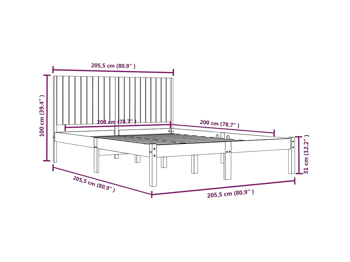 Lit double | Lit adulte | Cadre de lit noir 200x200 cm bois massif de pin
