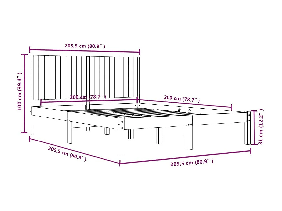 Lit double | Lit adulte | Cadre de lit noir 200x200 cm bois massif de pin