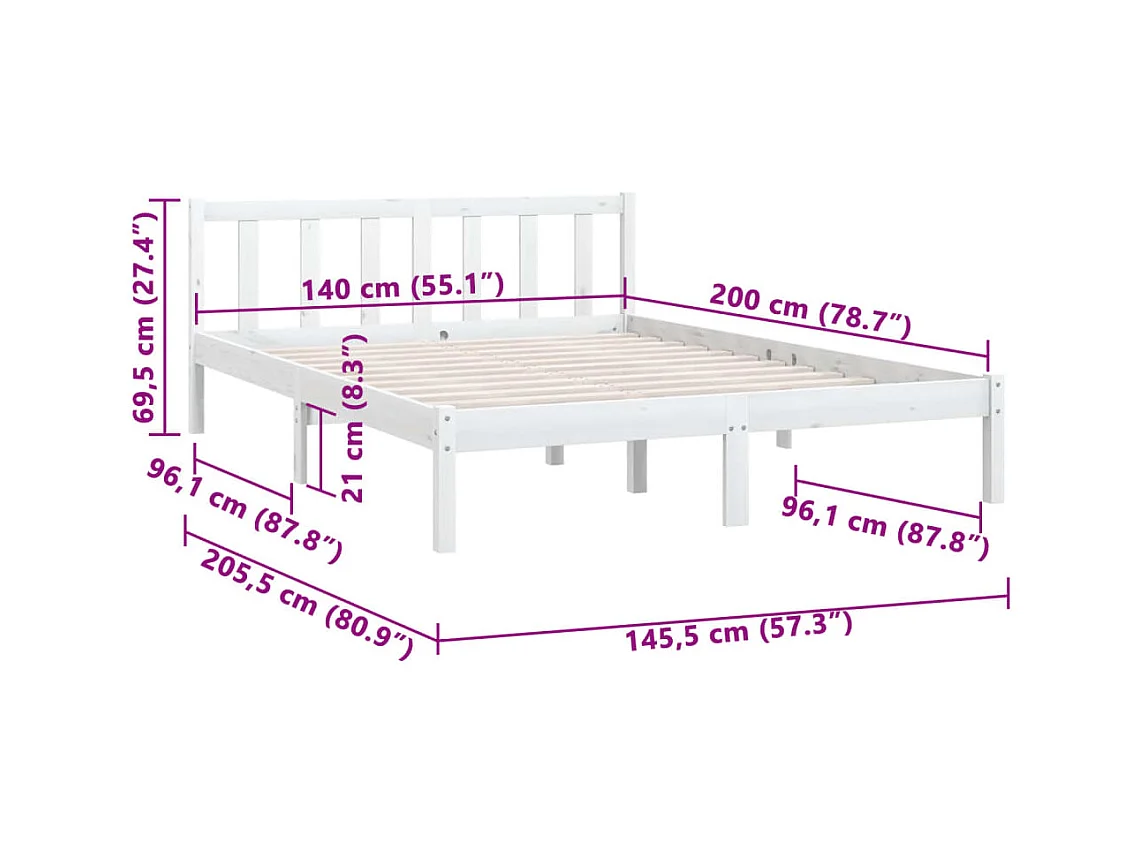 Lit double | Lit adulte | Cadre de lit blanc bois massif 140x200 cm