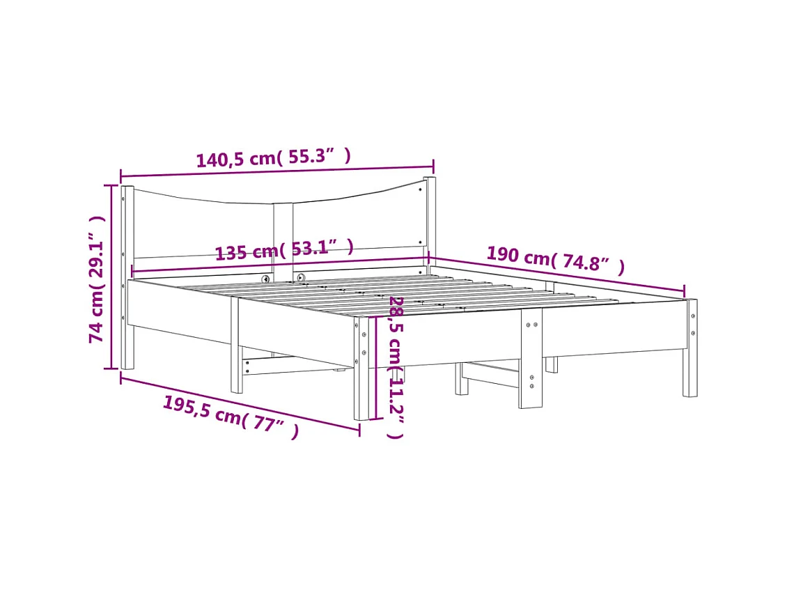 Lit double | Lit adulte | Cadre de lit blanc 135x190 cm bois de pin massif
