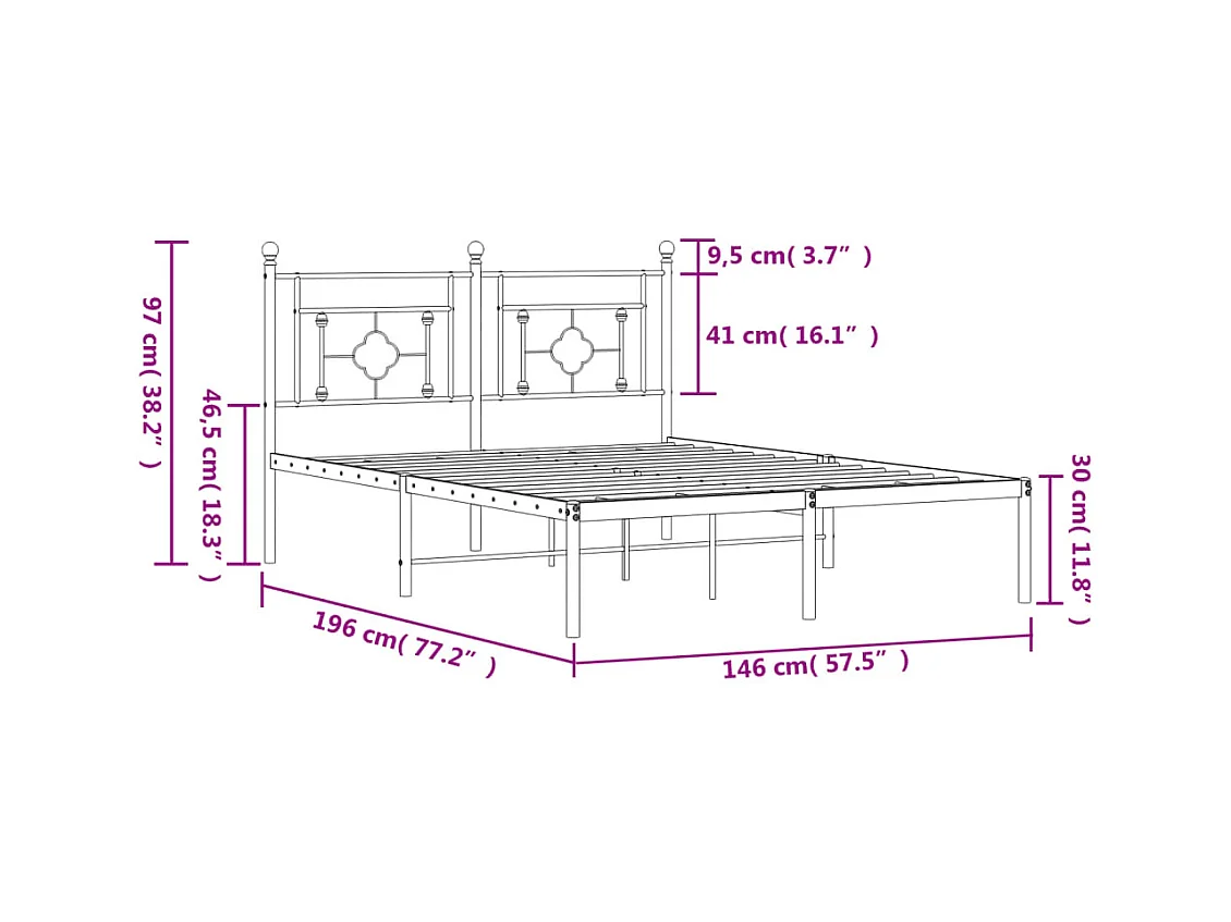 Lit double | Lit adulte | Cadre de lit métal et tête de lit blanc 140x190 cm