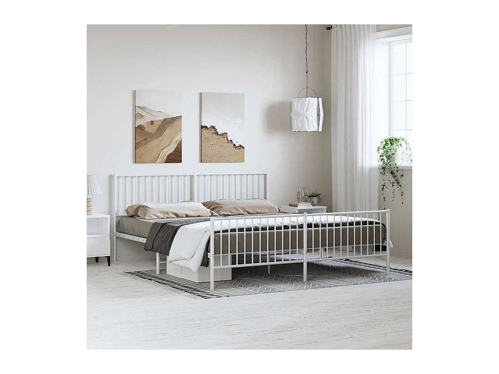 Lit double | Lit adulte | Cadre de lit métal et pied de lit blanc 183x213 cm