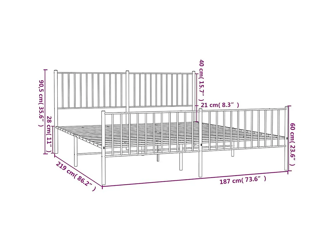Lit double | Lit adulte | Cadre de lit métal et pied de lit blanc 183x213 cm