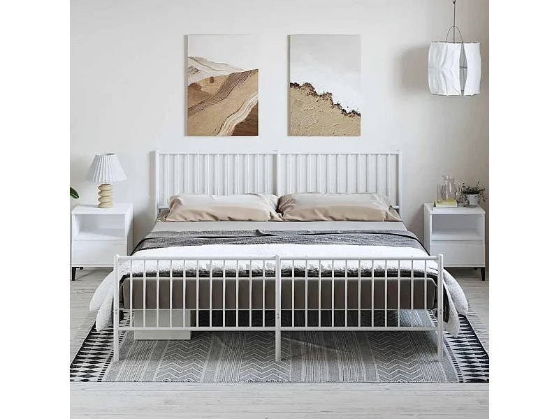 Lit double | Lit adulte | Cadre de lit métal et pied de lit blanc 183x213 cm