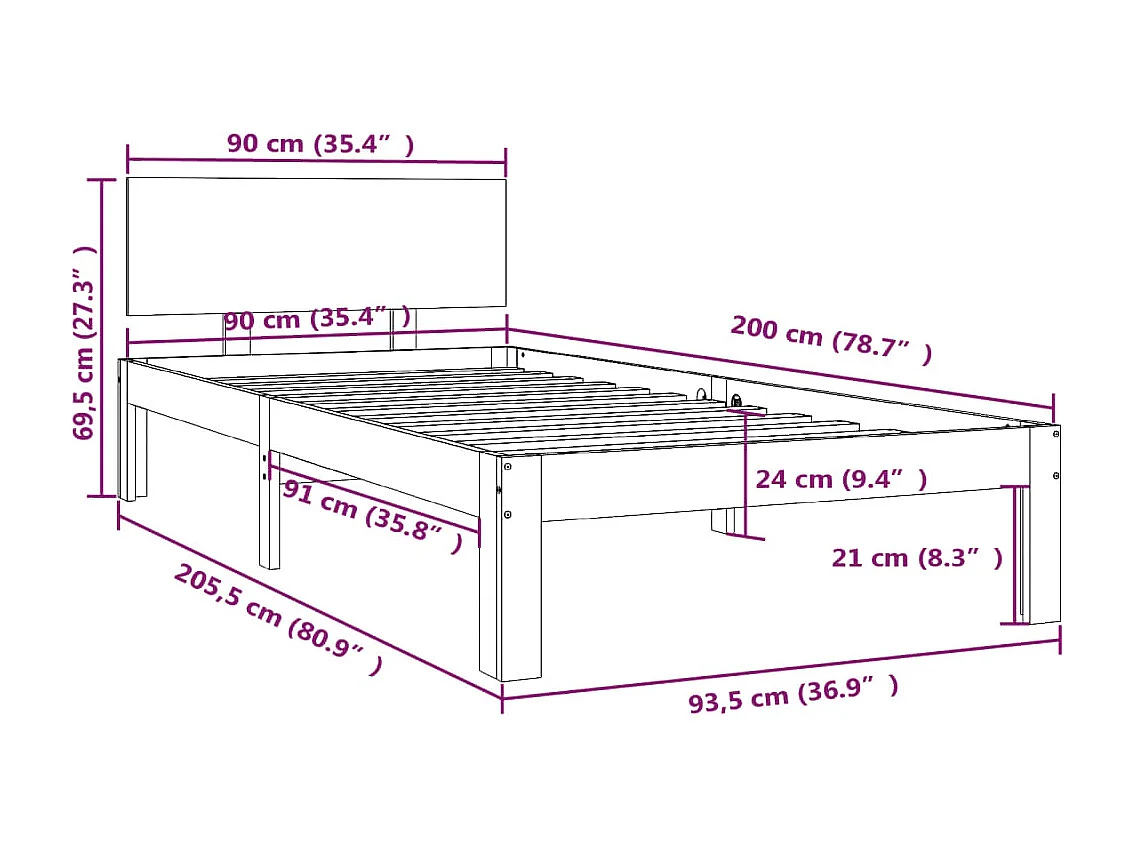 Lit simple | Lit adulte, enfant | Cadre de lit gris bois de pin massif 90x200 cm