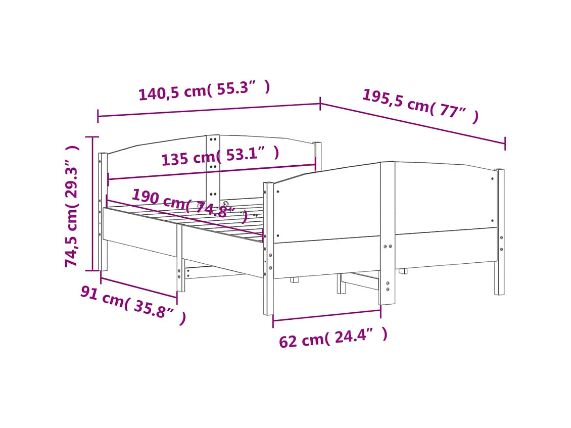 Lit double | Lit adulte | Cadre de lit cire marron 135x190cm bois pin massif