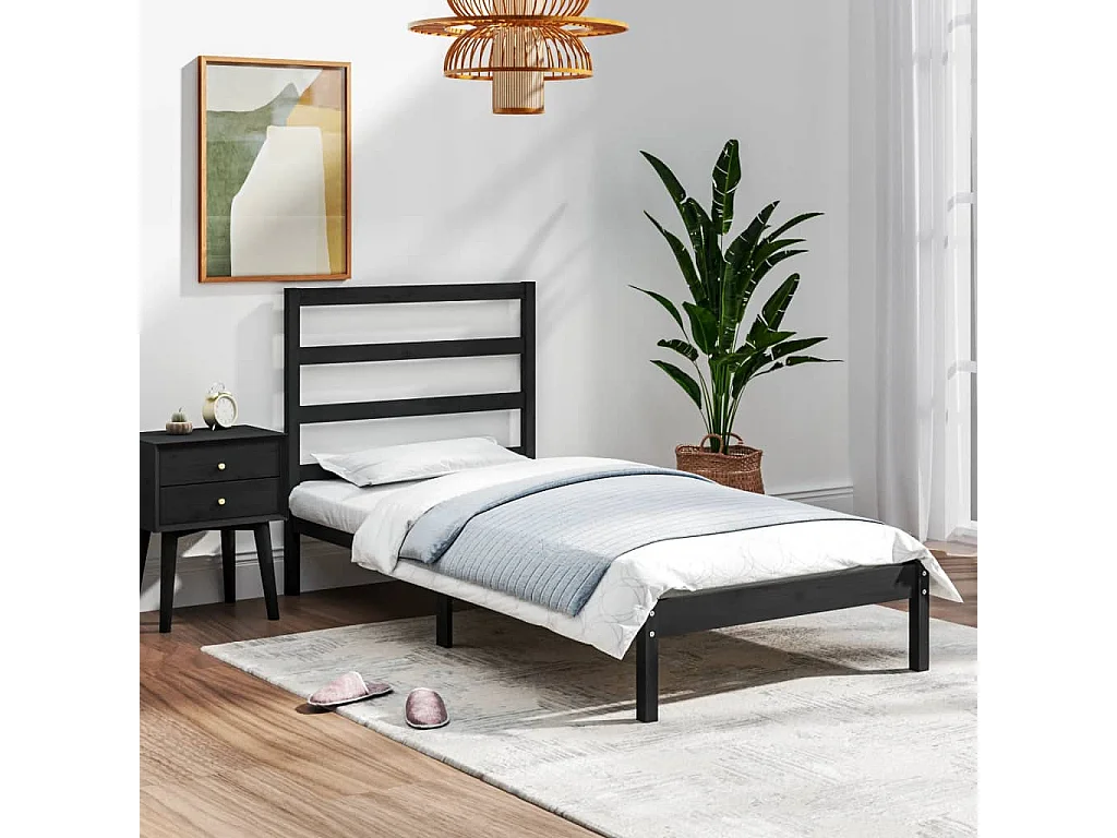 Lit simple | Lit adulte, enfant | Cadre de lit noir 75x190 cm bois massif